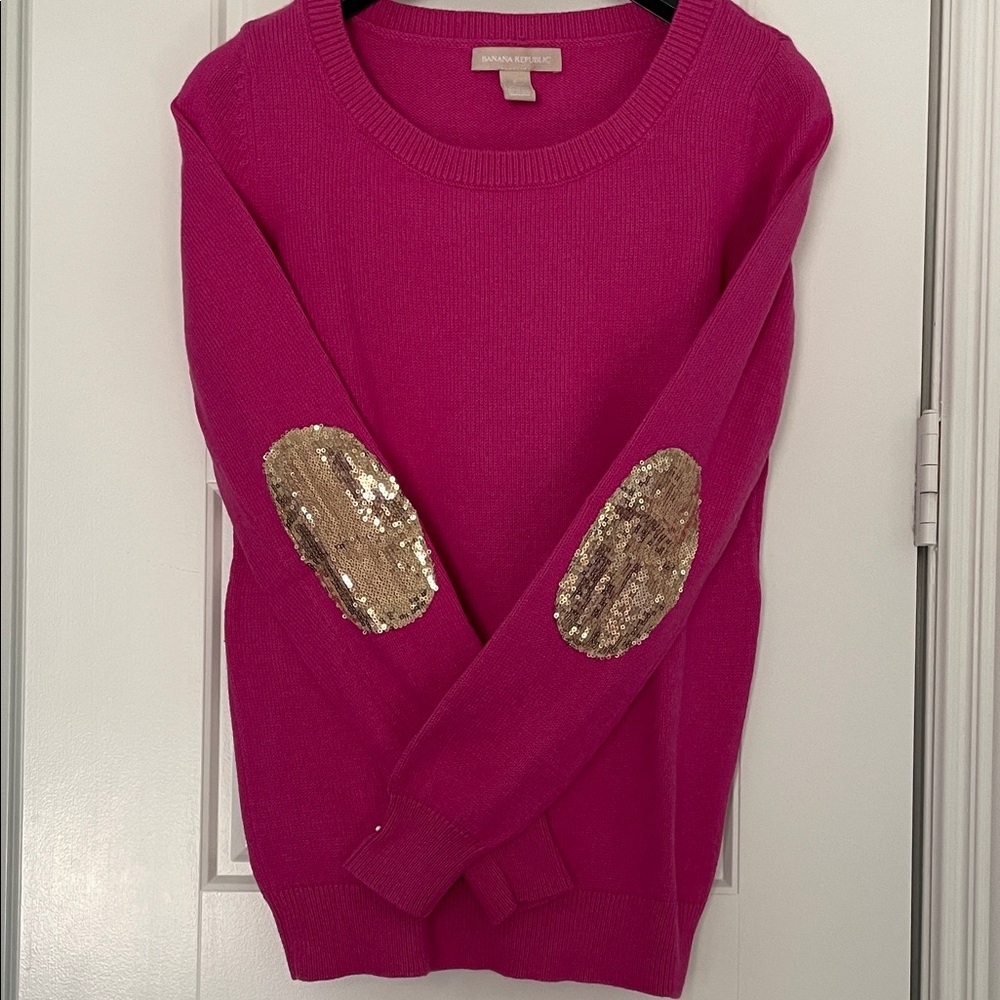 J. Crew Fuchsia Sweater with Gold Sequin Elbow Patches